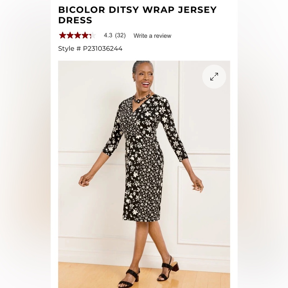 EUC TALBOTS Floral Faux Wrap Black & White Dress, SZ XL; great for a wedding!